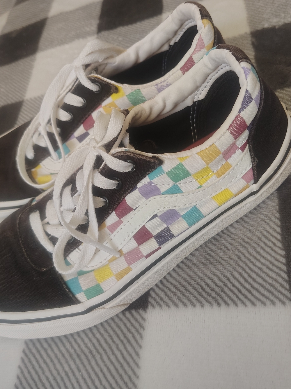 Vans Kids Checkerboard Sneakers in Black with Pastel Multi-Color Squares